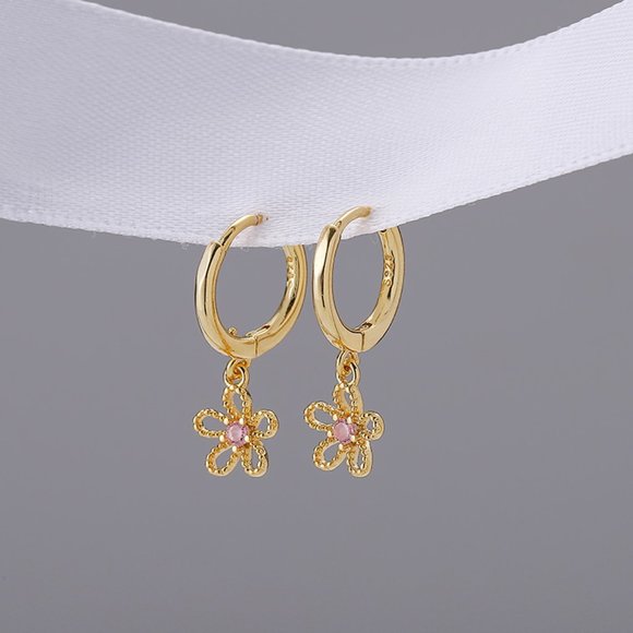 NEW Silver Gold Simple Sweet Flower Hoop Earring - Picture 3 of 6